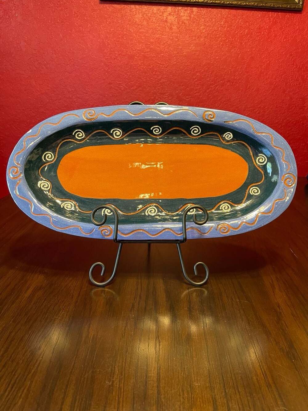 Kaja Signed 1996 Handcrafted Ceramic Oval Serving Platter Tray Blue Orange 16”